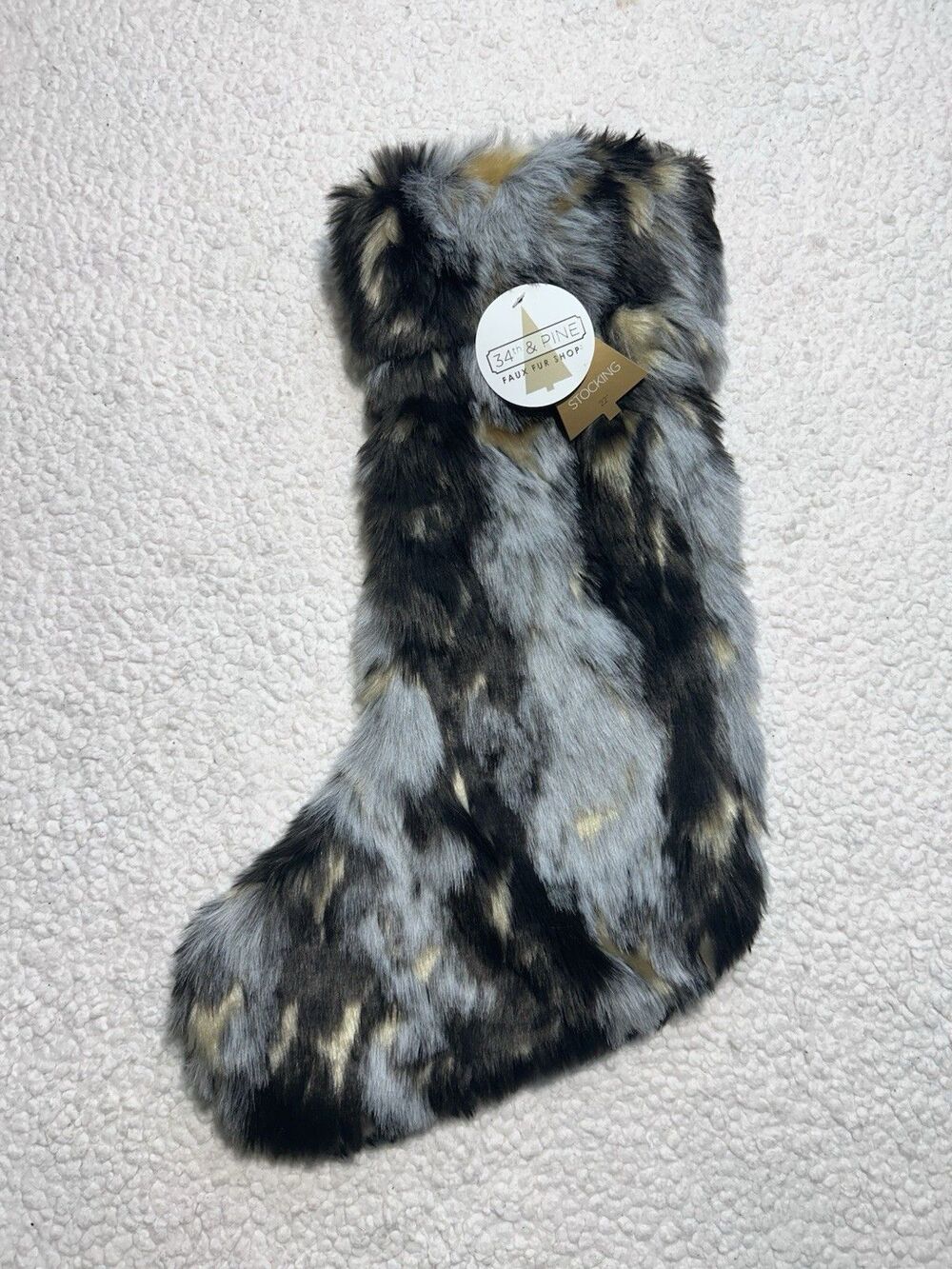 34th & Pine Luxury Shaggy Faux Fur 22" Christmas Stocking Gray Gold NWT